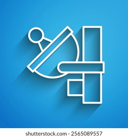 White line Radar icon isolated on blue background. Search system. Satellite sign. Long shadow. Vector