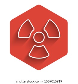 White line Radioactive icon isolated with long shadow. Radioactive toxic symbol. Radiation Hazard sign. Red hexagon button. Vector Illustration