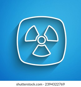 White line Radioactive icon isolated on blue background. Radioactive toxic symbol. Radiation hazard sign. Long shadow. Vector