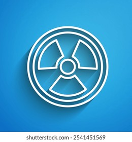 White line Radioactive icon isolated on blue background. Radioactive toxic symbol. Radiation Hazard sign. Long shadow. Vector