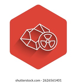 White line Radioactive icon isolated with long shadow background. Radioactive toxic symbol. Radiation hazard sign. Red hexagon button. Vector