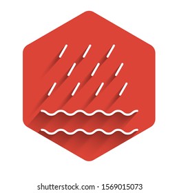 White line Rain and waves icon isolated with long shadow background. Rain cloud precipitation with rain drops. Red hexagon button. Vector Illustration