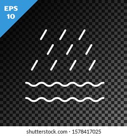 White line Rain and waves icon isolated on transparent dark background. Rain cloud precipitation with rain drops.  Vector Illustration