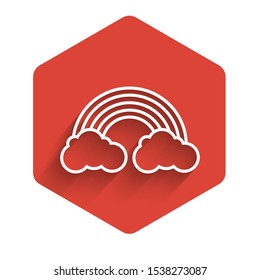 White line Rainbow with clouds icon isolated with long shadow. Red hexagon button. Vector Illustration