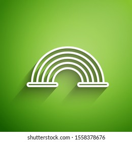White line Rainbow with clouds icon isolated on green background.  Vector Illustration