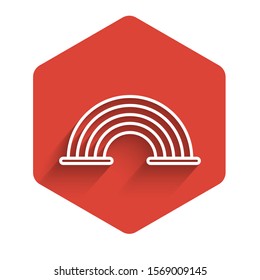 White line Rainbow with clouds icon isolated with long shadow. Red hexagon button. Vector Illustration