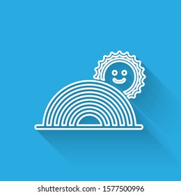 White line Rainbow with sun icon isolated with long shadow.  Vector Illustration