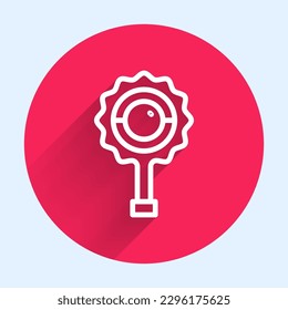 White line Rattle baby toy icon isolated with long shadow background. Beanbag sign. Red circle button. Vector