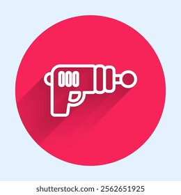 White line Ray gun icon isolated with long shadow. Laser weapon. Space blaster. Red circle button. Vector