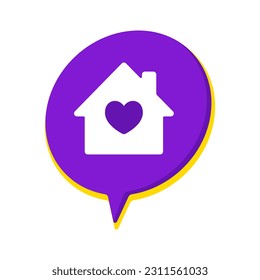 White line Real estate message house in speech bubble icon isolated with long shadow background. Purple circle button. Vector, Heart icon.