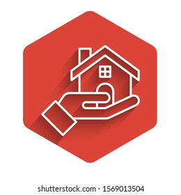 White line Realtor icon isolated with long shadow. Buying house. Red hexagon button. Vector Illustration