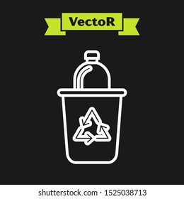 White line Recycle bin with recycle symbol icon isolated on black background. Trash can icon. Garbage bin sign. Recycle basket sign.  Vector Illustration