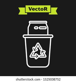 White line Recycle bin with recycle symbol and can icon isolated on black background. Trash can icon. Garbage bin sign. Recycle basket sign.  Vector Illustration