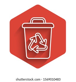 White line Recycle bin with recycle symbol icon isolated with long shadow. Trash can icon. Garbage bin sign. Recycle basket sign. Red hexagon button. Vector Illustration
