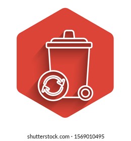 White line Recycle bin with recycle symbol icon isolated with long shadow. Trash can icon. Garbage bin sign. Recycle basket sign. Red hexagon button. Vector Illustration