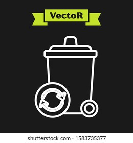 White line Recycle bin with recycle symbol icon isolated on black background. Trash can icon. Garbage bin sign. Recycle basket sign.  Vector Illustration