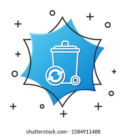 White line Recycle bin with recycle symbol icon isolated on white background. Trash can icon. Garbage bin sign. Recycle basket sign. Blue hexagon button. Vector Illustration