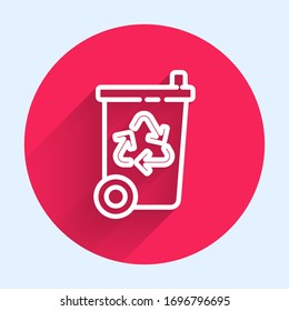 White line Recycle bin with recycle symbol icon isolated with long shadow. Trash can icon. Garbage bin sign. Recycle basket sign. Red circle button. Vector Illustration