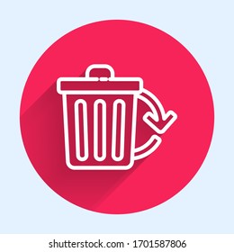 White line Recycle bin with recycle symbol icon isolated with long shadow. Trash can icon. Garbage bin sign. Recycle basket sign. Red circle button. Vector Illustration