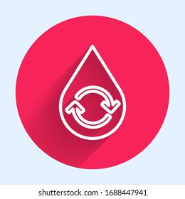 White line Recycle clean aqua icon isolated with long shadow. Drop of water with sign recycling. Red circle button. Vector Illustration