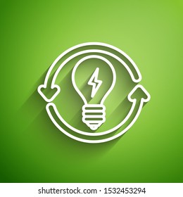 White line Recycle and light bulb with lightning symbol icon isolated on green background. Light lamp sign. Idea symbol.  Vector Illustration