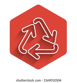White line Recycle symbol icon isolated with long shadow. Circular arrow icon. Environment recyclable go green. Red hexagon button. Vector Illustration