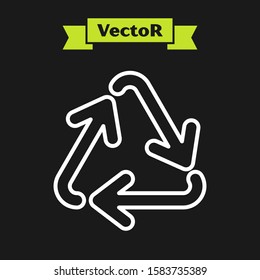 White line Recycle symbol icon isolated on black background. Circular arrow icon. Environment recyclable go green.  Vector Illustration