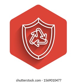 White line Recycle symbol inside shield icon isolated with long shadow. Eco protection sign. Red hexagon button. Vector Illustration