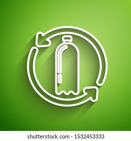 White line Recycling plastic bottle icon isolated on green background.  Vector Illustration