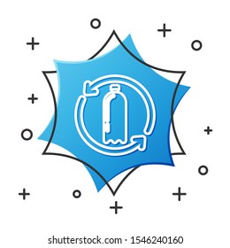 White line Recycling plastic bottle icon isolated on white background. Blue hexagon button. Vector Illustration