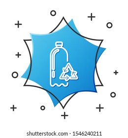 White line Recycling plastic bottle icon isolated on white background. Blue hexagon button. Vector Illustration