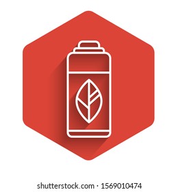 White line Recycling plastic bottle icon isolated with long shadow. Red hexagon button. Vector Illustration
