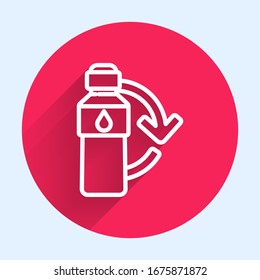 White line Recycling plastic bottle icon isolated with long shadow. Red circle button. Vector Illustration