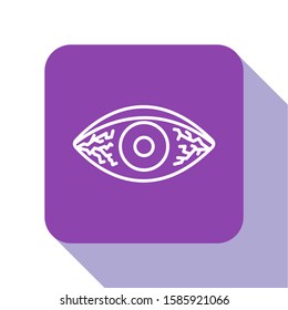 White line Reddish eye due to viral, bacterial or allergic conjunctivitis icon isolated on white background. Purple square button. Vector Illustration