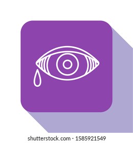 White line Reddish eye due to viral, bacterial or allergic conjunctivitis icon isolated on white background. Purple square button. Vector Illustration