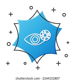 White line Reddish eye due to virus, bacterial or allergic conjunctivitis icon isolated on white background. Blue hexagon button. Vector Illustration