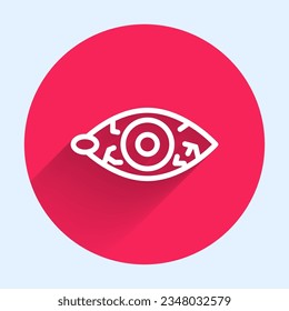 White line Reddish eye due to viral, bacterial or allergic conjunctivitis icon isolated with long shadow. Red circle button. Vector