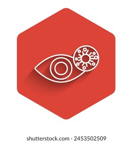 White line Reddish eye due to virus, bacterial or allergic conjunctivitis icon isolated with long shadow. Red hexagon button. Vector Illustration
