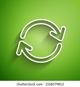 White line Refresh icon isolated on green background. Reload symbol. Rotation arrows in a circle sign.  Vector Illustration