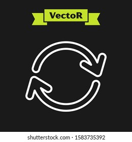 White line Refresh icon isolated on black background. Reload symbol. Rotation arrows in a circle sign.  Vector Illustration