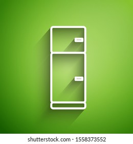 White line Refrigerator icon isolated on green background. Fridge freezer refrigerator. Household tech and appliances.  Vector Illustration