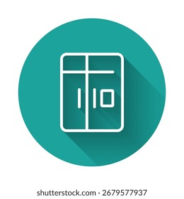 Icono del refrigerador de la línea blanca aislado con el fondo largo de la sombra. Refrigerador congelador. Electrodomésticos y tecnología. Botón de círculo verde. Vector
