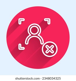 White line Rejection face recognition icon isolated with long shadow. Face identification scanner icon. Facial id. Cyber security concept. Red circle button. Vector