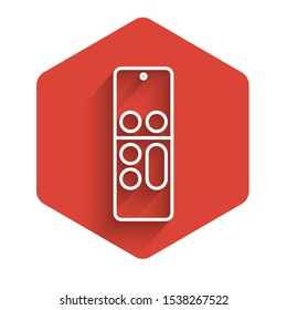 White line Remote control icon isolated with long shadow. Red hexagon button. Vector Illustration