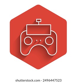 White line Remote control icon isolated with long shadow. Red hexagon button. Vector