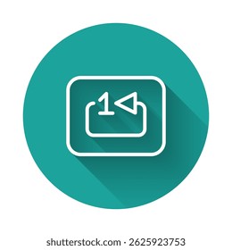 White line Repeat track music player icon isolated with long shadow background. The sign is a round curved arrow and the number one. Green circle button. Vector