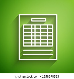 White line Report file document icon isolated on green background. Checklist icon. Business concept.  Vector Illustration