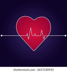 White line representing heartbeat outline vector illustration, heartbeat, red heart with heart rate, Wave pulse, dark background