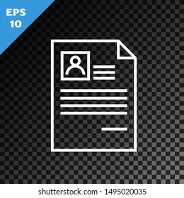 White line Resume icon isolated on transparent dark background. CV application. Searching professional staff. Analyzing personnel resume.   Vector Illustration