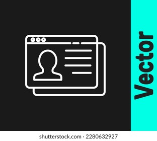 White line Resume icon isolated on black background. CV application. Searching professional staff. Analyzing personnel resume.  Vector